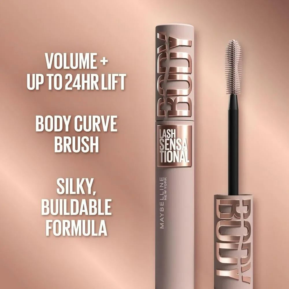 Maybelline Lash Sensational Body Washable Mascara 24HR Blackest Black 0.24 Count